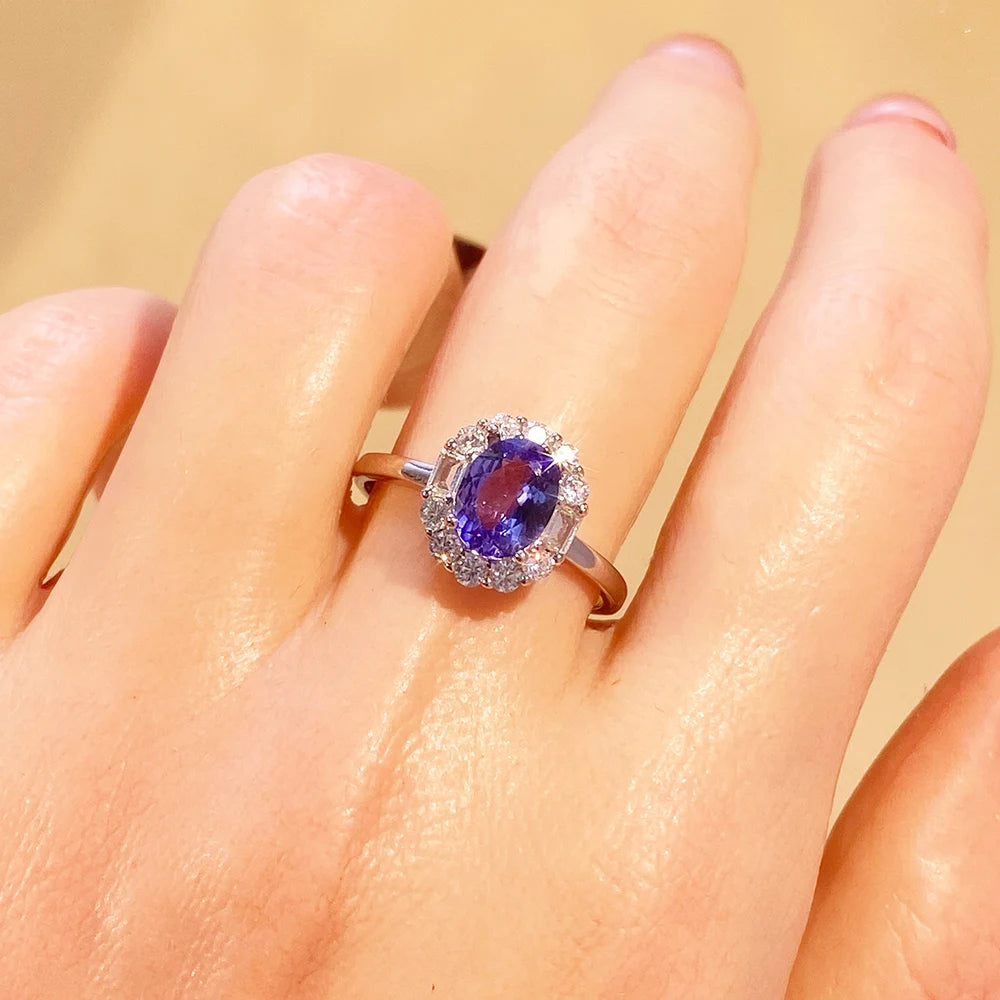 Gioiellieri S925 Sterling Silver Oval Cut Natural Tanzanite Rhodium Classic Ring-CMA Certified Sparkling Gemstone Evening Party Jewelry