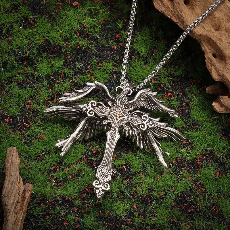 Exaggerated Six Winged Cross Pendant Necklaces for Men Fashionable Jewelry Accessories