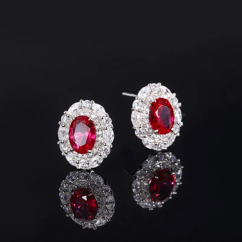 Gemfiori Fashionable Luxury Jewelry Pigeon Blood Red Oval Zircon Earrings Necklace Ring Minimalist New Set
