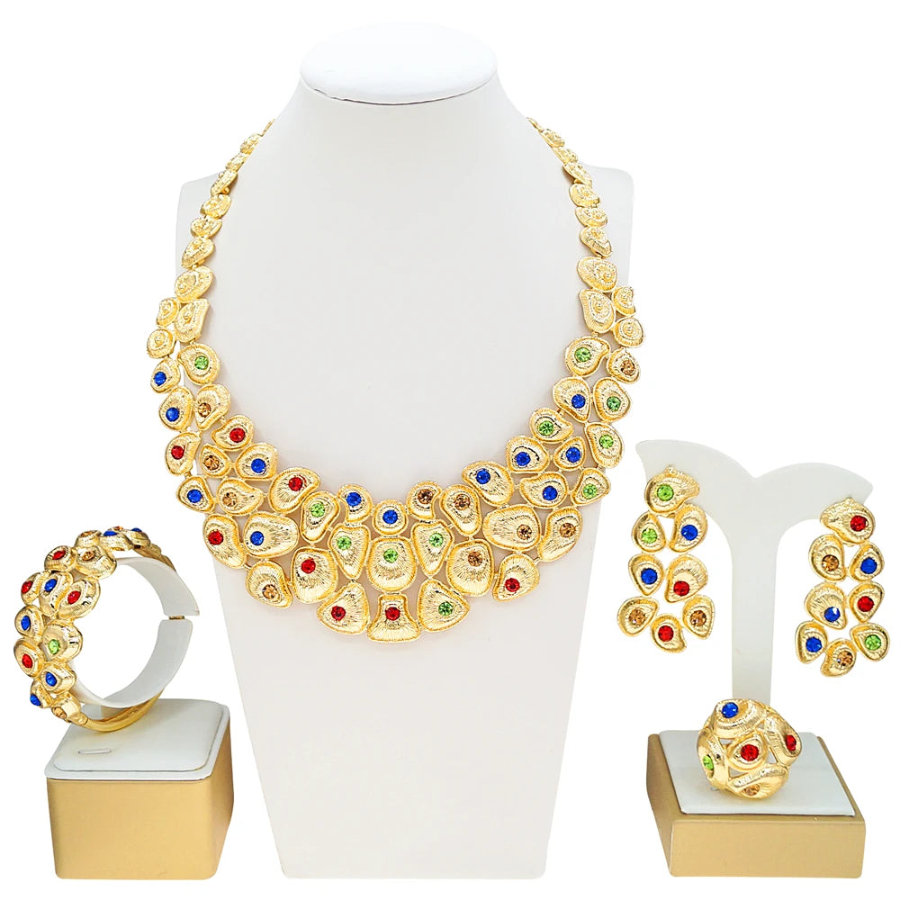 Zhuerrui Brazilian Style Two-tone Gold Pearl Jewelry Set White Crystal Inlaid Necklace Earring Bracelet Ring for Party I008020-2