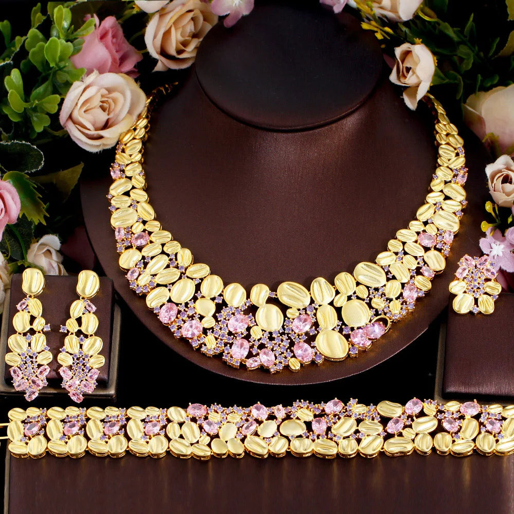 4piece African Cubic Zirconia Extra Large Necklace Women Wedding Party Dubai Gold Plated Luxury Big Jewelry Sets for Brides