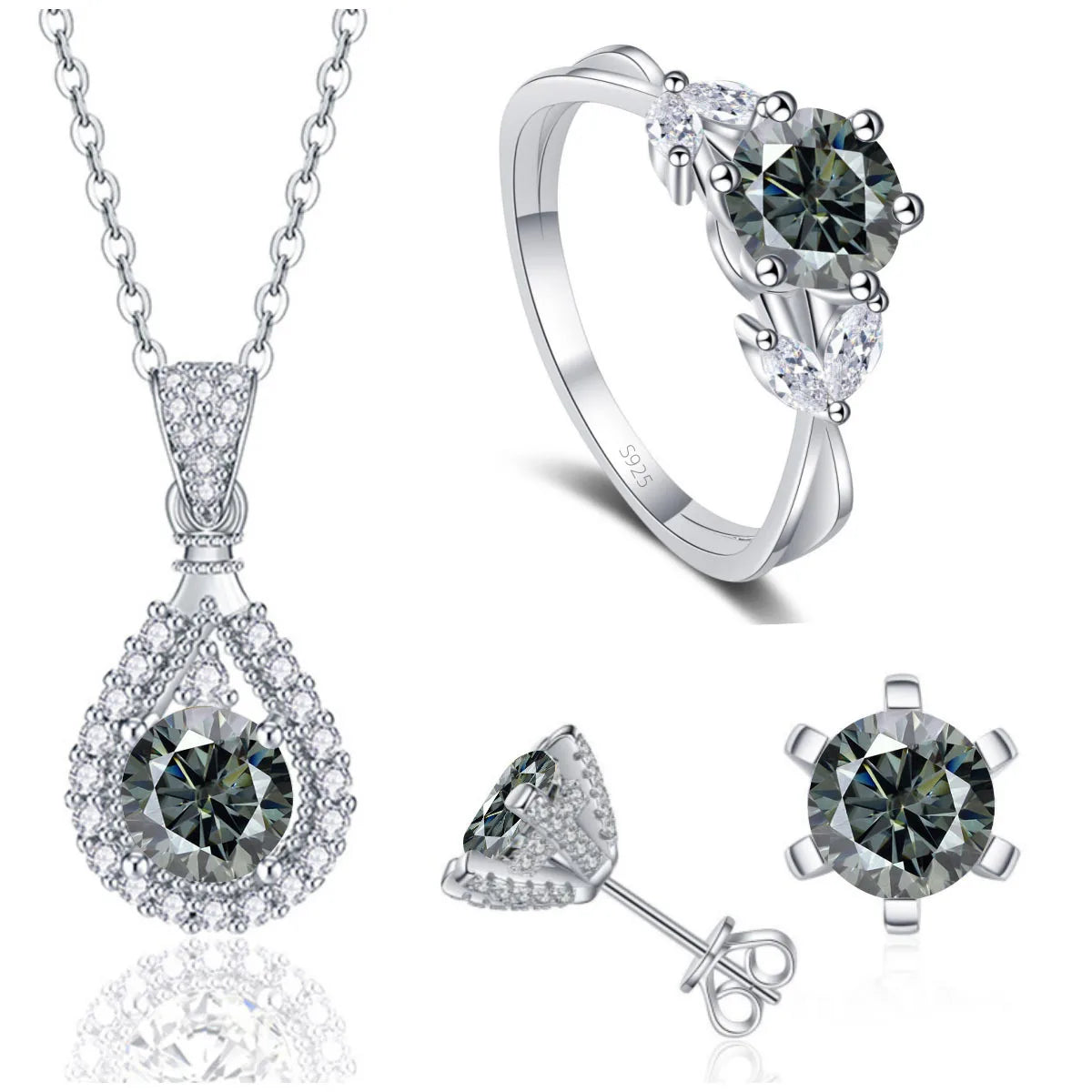 REDheart Fine 925 Sterling Silver Women's Wedding Bridal Jewellery Set Round Cut VVS Colored Moissanite Rings Necklace and Earrings Set