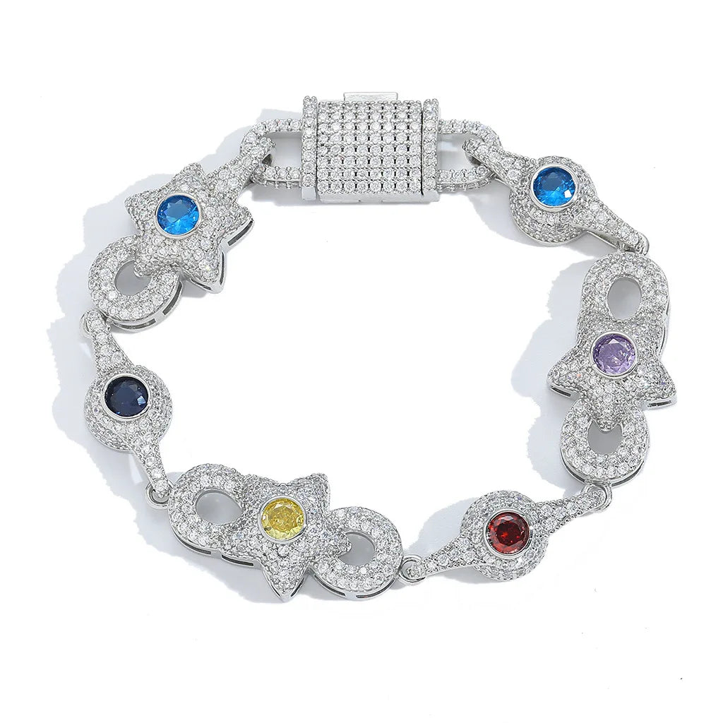 Iced Star Bracelet with Multicolor CZ Stones Brass Base Colorful Gemstone for Mens Rapper Style Jewelry Wholesale Factory Supply