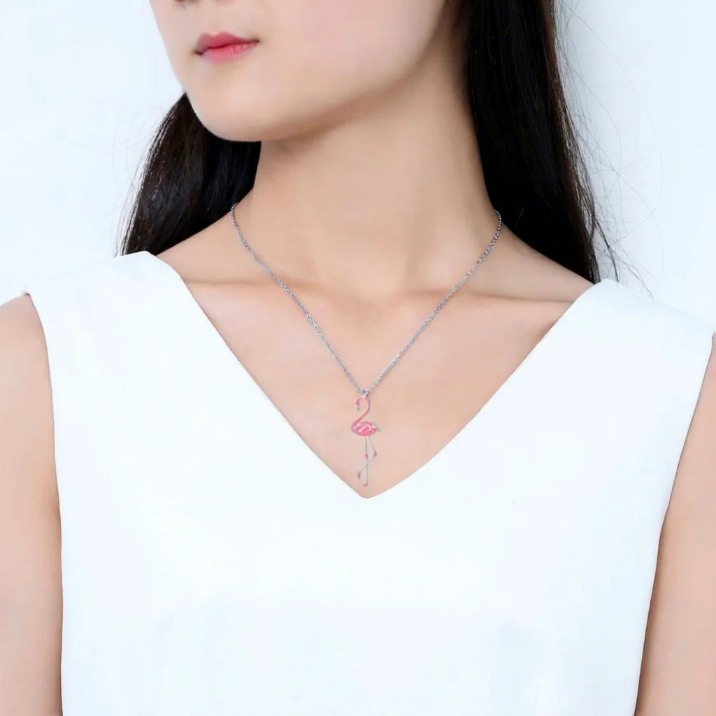 Long Women's Tungsten Water Wave Chain European-American Style Flamingo Pendant Necklace for Party & Wedding Occasions