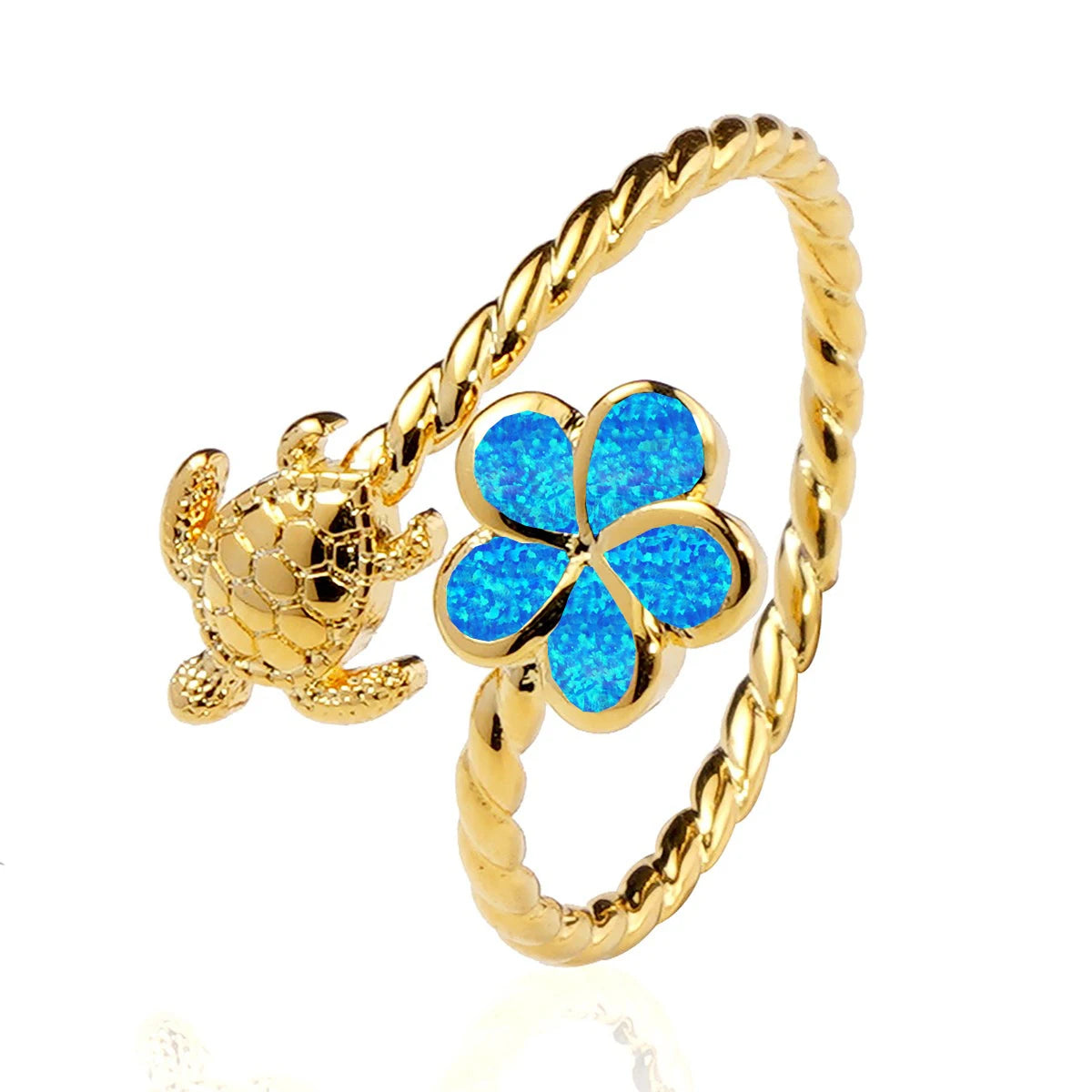 Gold Turtle & Opal Clover Ring | Twisted Band Animal Jewelry