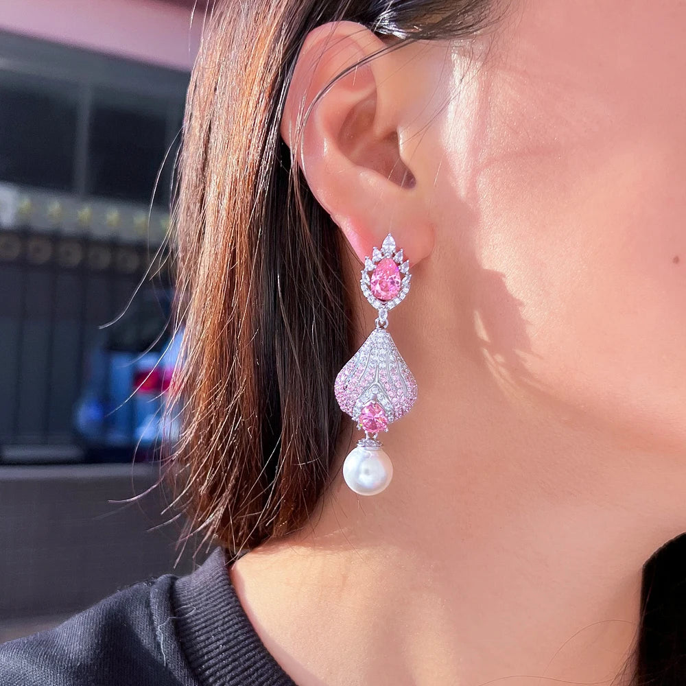 S&S Pink CZ Pavé Pearl Huggie Drop Earrings – Pear Cut – Rhodium Plated – Collection