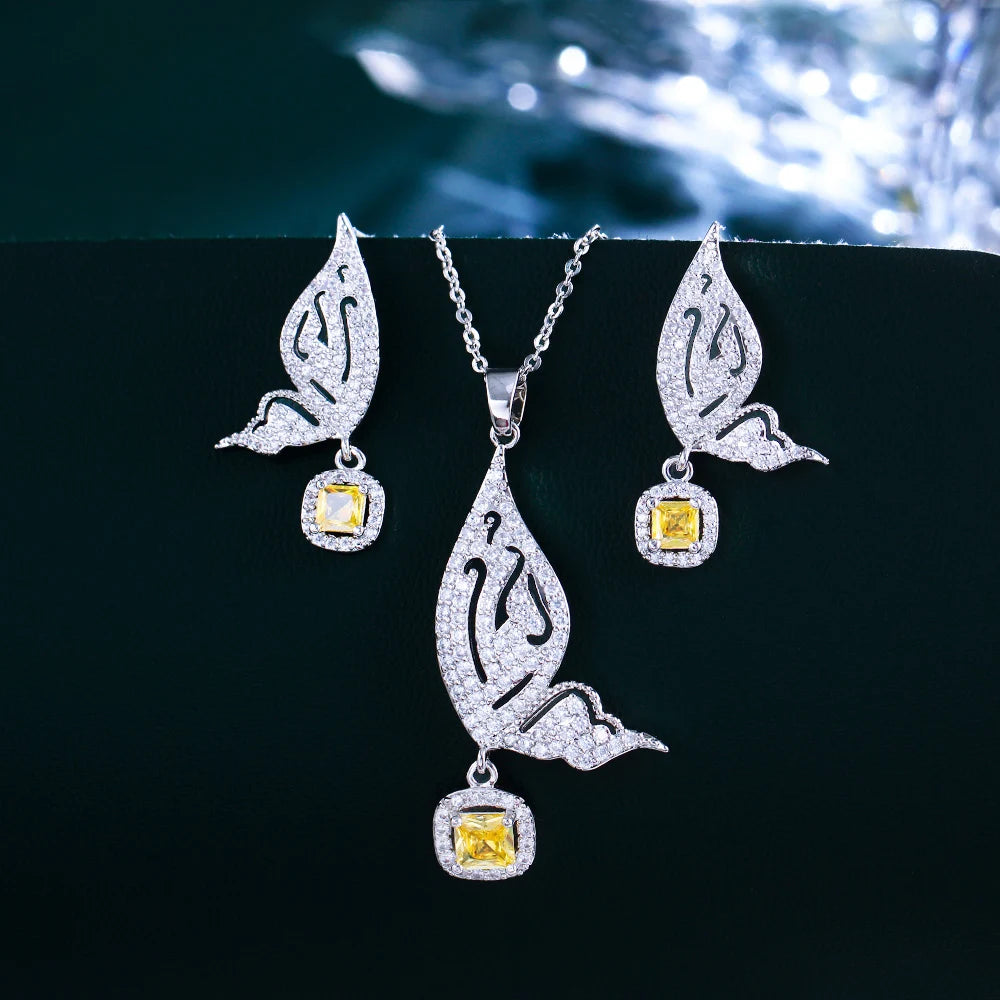 White Gold Color Animal Lovely Big Butterfly Shape Fashion Earrings and Necklace Cubic Zircon Pendant Jewelry Set for Women
