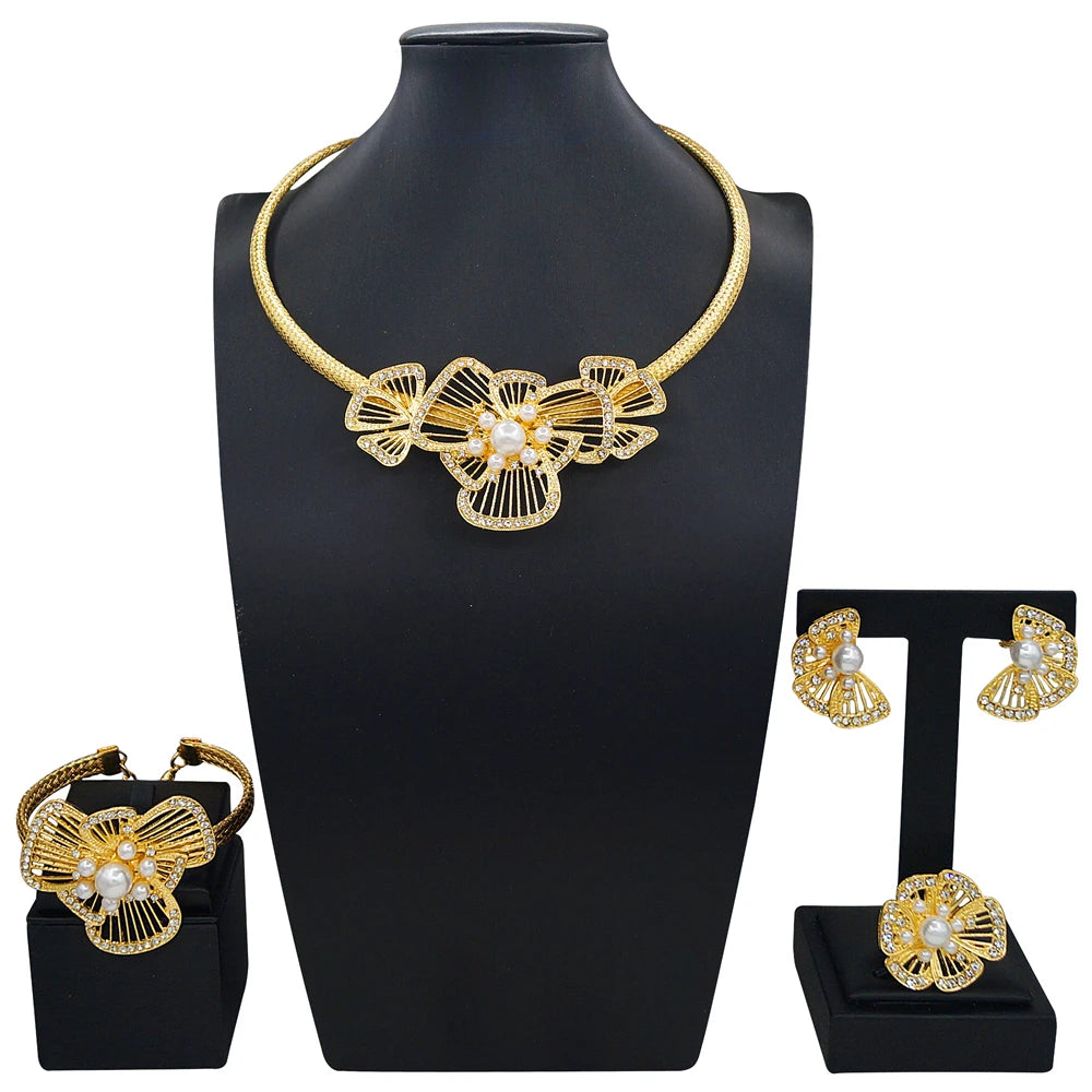 Zhuerrui  Women's Luxury Gold Plated Flower Jewelry Set Nigeria Cocktail Party Pearl Jewelry Sets Bridal Wedding Set X0004330