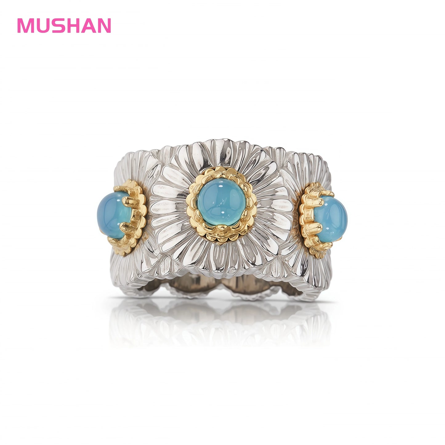 MUSHAN Jewelry Factory Women 925 Sterling Silver Daisy Ring with Blue Agate Opal Fine Jewelry Flower Rings for Anniversaries