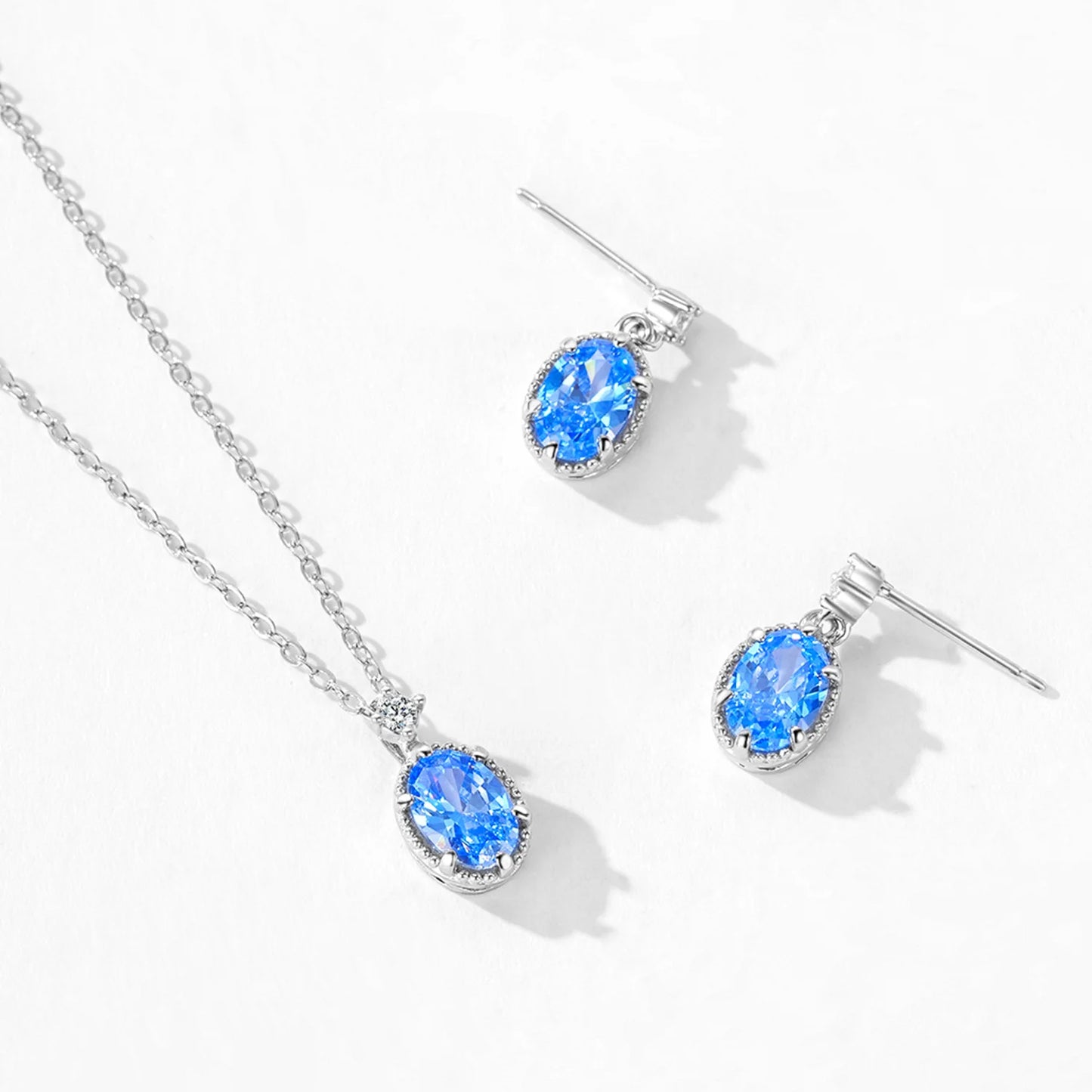 925 Sterling Silver Dreamy Ocean Heart Water Blue Diamond Necklace Earrings Advanced Design Jewelry Set Gift Set