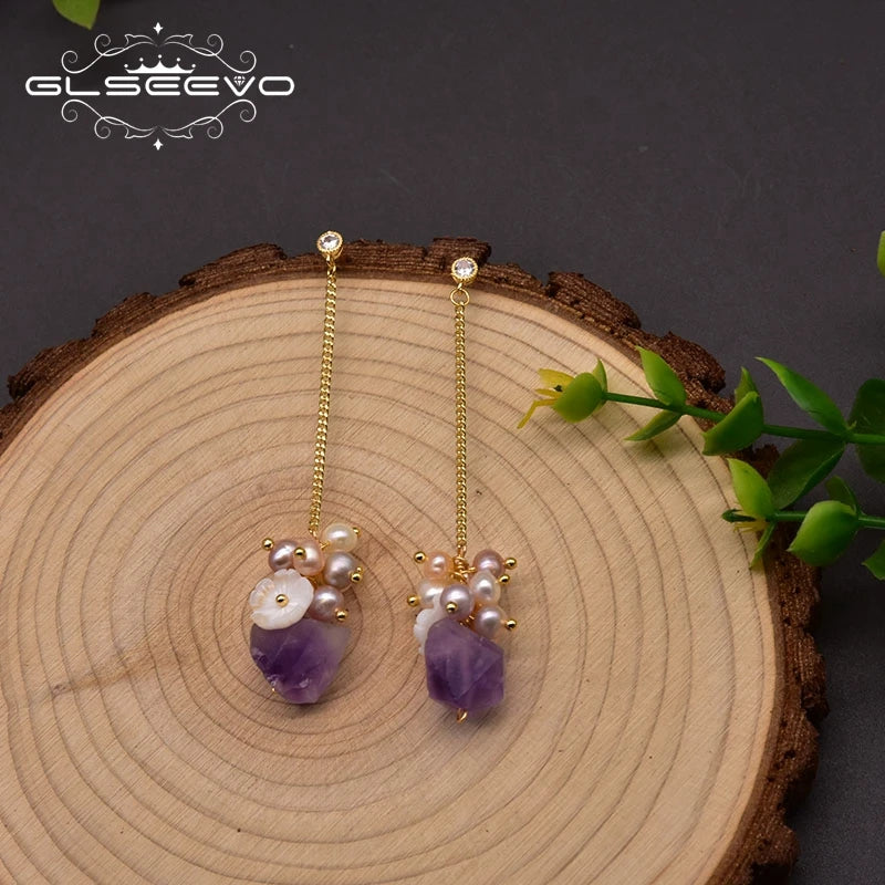 Natural Freshwater Pearl Long Dangle Earrings for Woman Wedding Amethyst 925 Silver Shell Flower Korean Jewelry