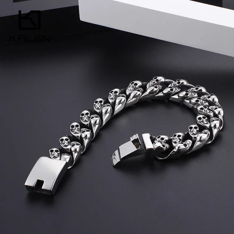 KALEN Gothic Biker Jewelry Punk Charm Bracelets Men 21.5cm Stainless Steel Skull Cuban Link Chain Wrap Bangle