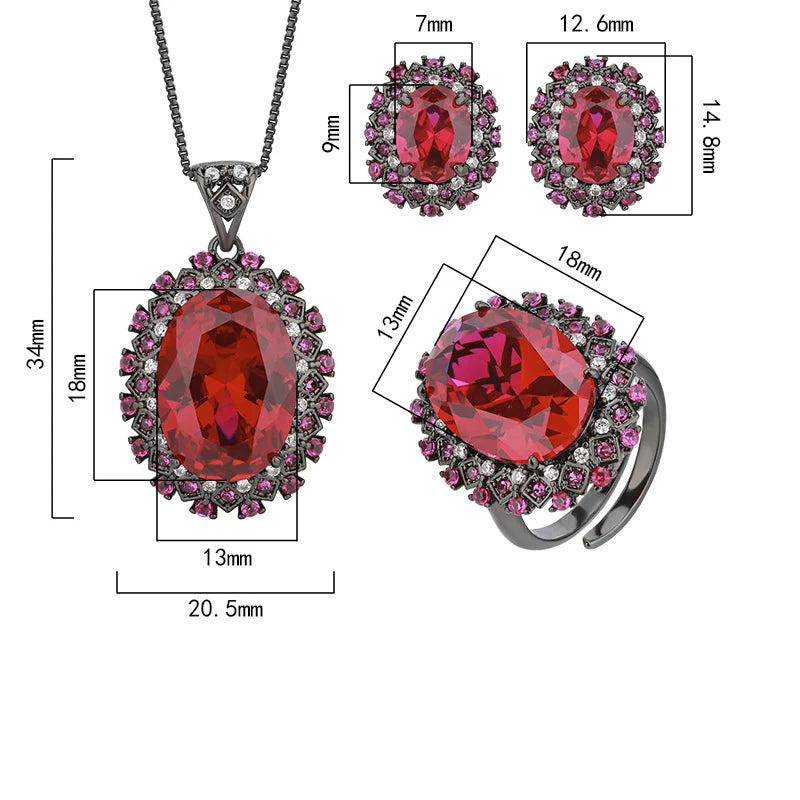 Gemfiori Classic Retro Ruby Pendant Necklace Ring Earring Set Black Gold Personalized Copper Plated Wedding Party Jewelry