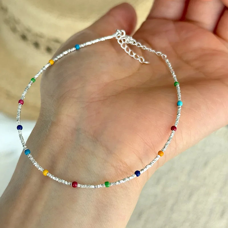 Summer Beach Anklets Jewelry 925 Sterling Silver Colorful Beads Beaded Anklet Foot Jewelry for Women Girls