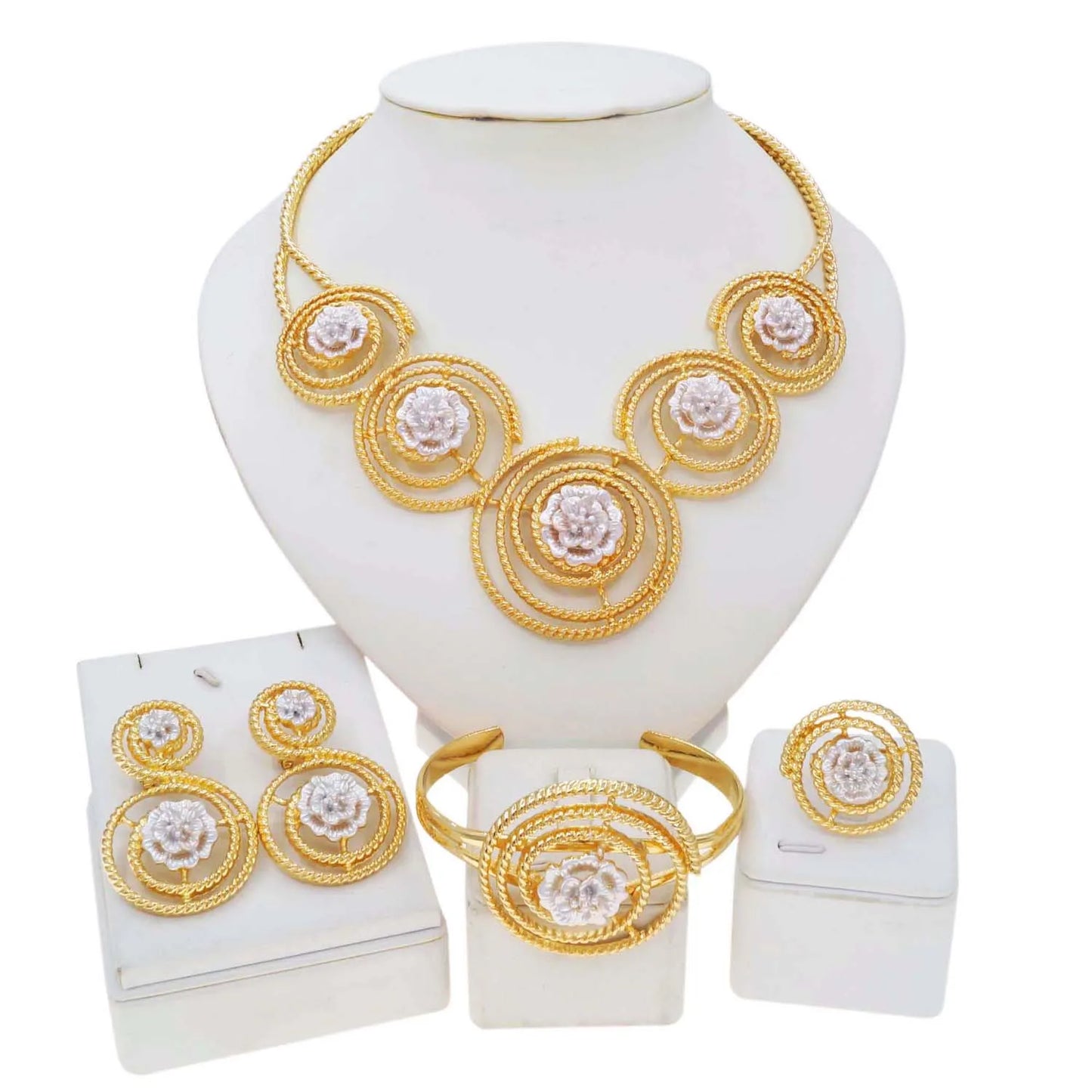 Zhuerrui Gold Plated Jewelry for Women White Flowers Necklace Bracelet Jewelry Sets High Quality Luxury Accessories HA20045