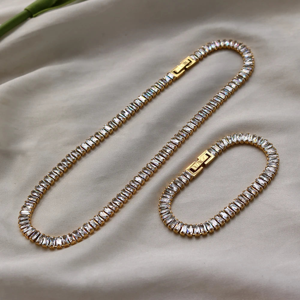Tennis Chains Necklace Crystal Diamond Colorful Cubic Zirconia Tennis Tarnish Free Customize Bracelet Fashion Jewelry Set