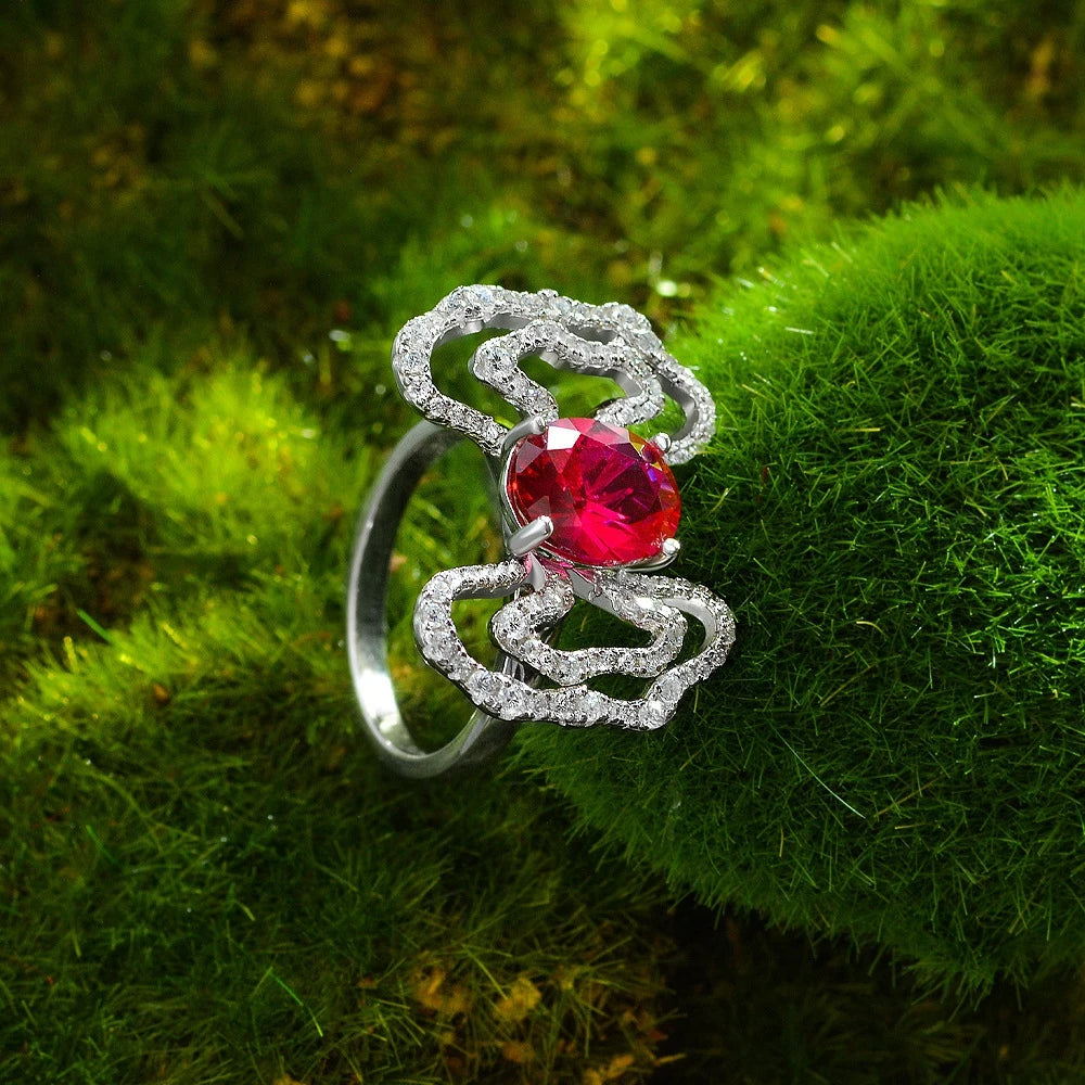 MuShan Jewelry Factory New 2ct Egg Shaped 8*10 Lab Grown Red Gem Ring for Women Auspicious Cloud