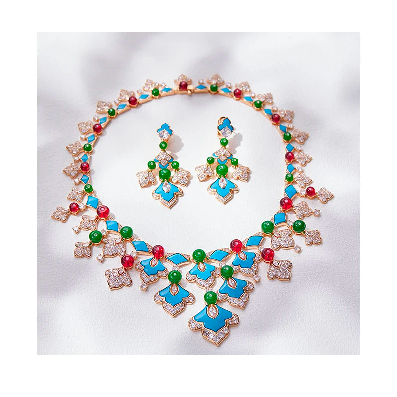 Turquoise Flower Jewellery Set – Gold-Plated Necklace & Earrings
