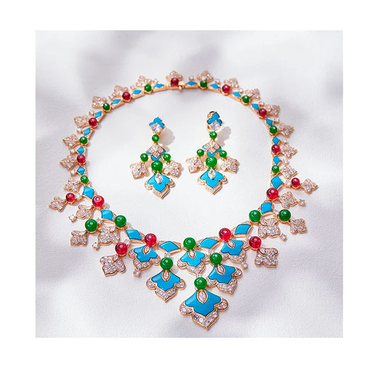 Turquoise Flower Jewellery Set – Gold-Plated Necklace & Earrings