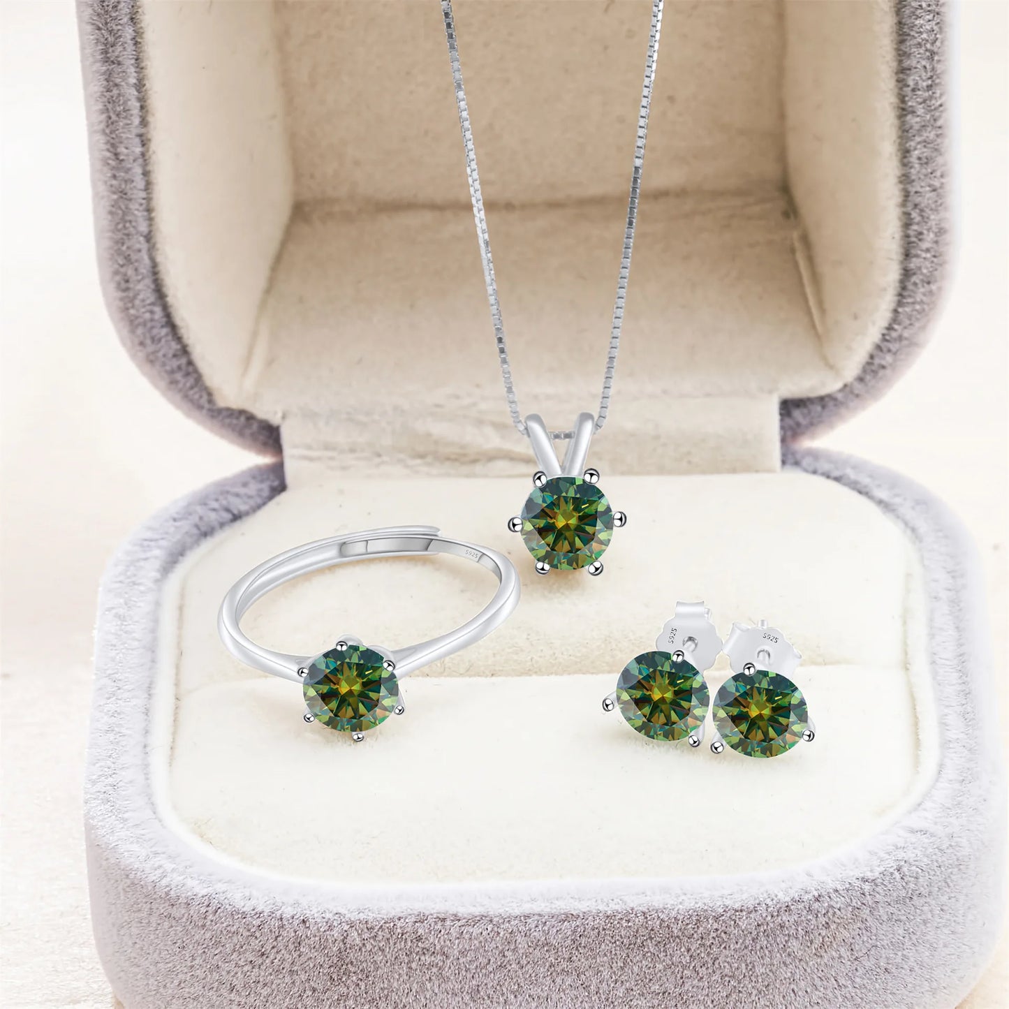 Simple D Color VVS1 GRA 1CT Round Cut Colored Moissanite Jewelry 925 Silver Wedding Ladies Necklace Earrings Ring 3 Piece Sets