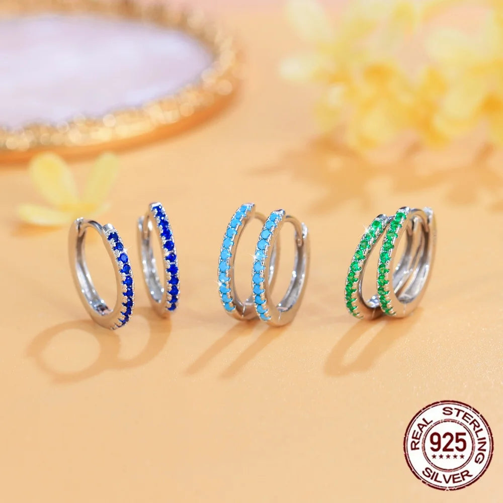S&S 925 Sterling Silver 14mm CZ Huggie Hoop Earrings – Green, Blue & Turquoise – Collection