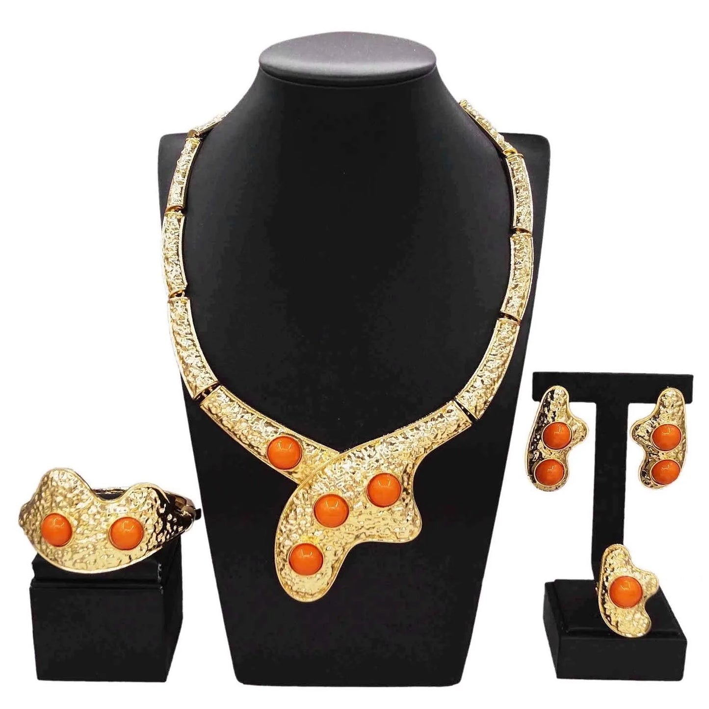 Zhuerrui Italian Gold Flower Jewelry Set Wedding Party Birthday Gift Orange Necklace Bracelet Earrings Ring Jewelry Sets H00715