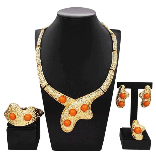 Zhuerrui Italian Gold Flower Jewelry Set Wedding Party Birthday Gift Orange Necklace Bracelet Earrings Ring Jewelry Sets H00715