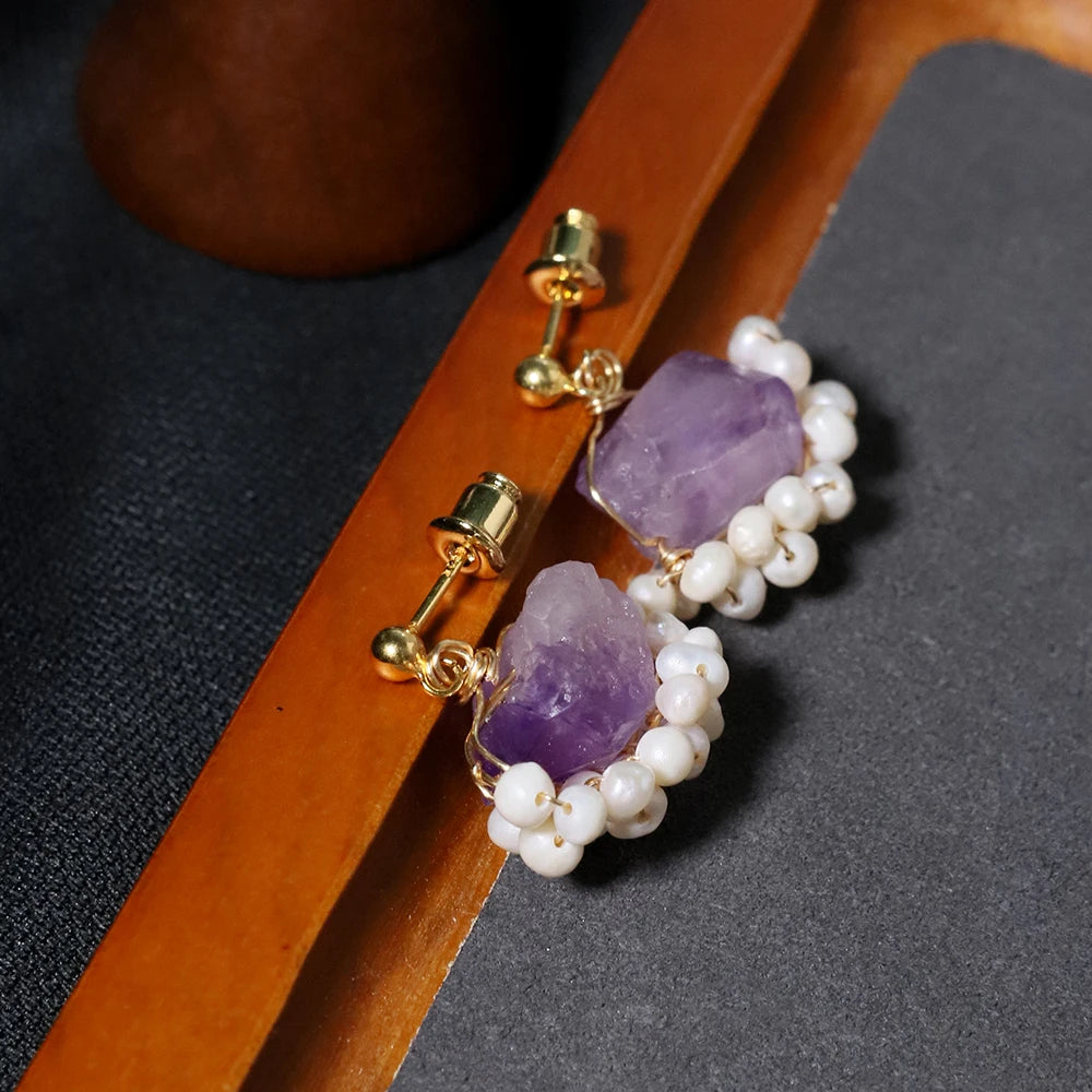 Natural Freshwater Pearl Amethyst Edging Earrings Korean Style Women Luxury Jewelry Fashion Ladies and Girls Gift GE1589