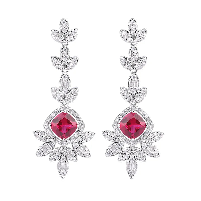 Factory Wholesale Eco-friendly Copper Round Cut 8*8mm Red Cubic Zirconia Tassel Earings and Neckless Set