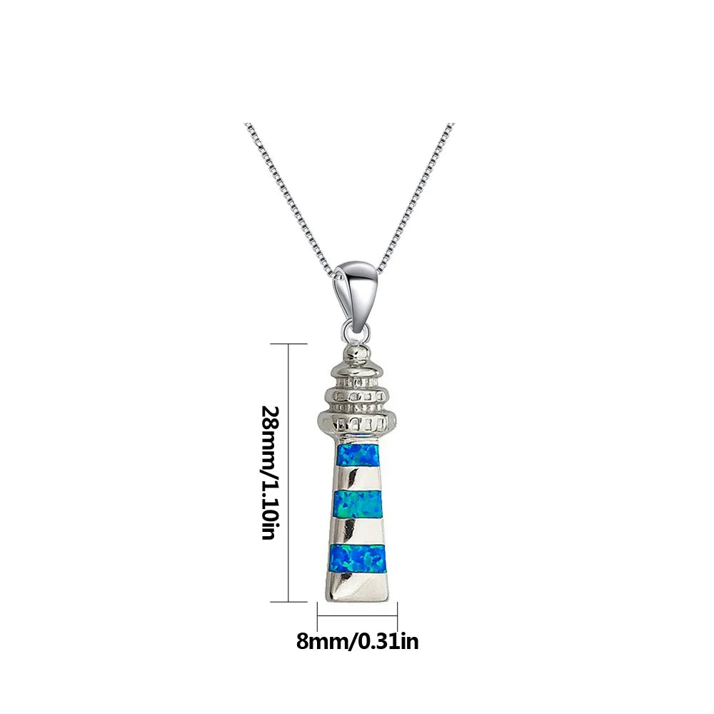 Aobao Christian Copper Blue Opal Geometric Lighthouse Necklace Silver Plated Sweater Chain Pendant Gift