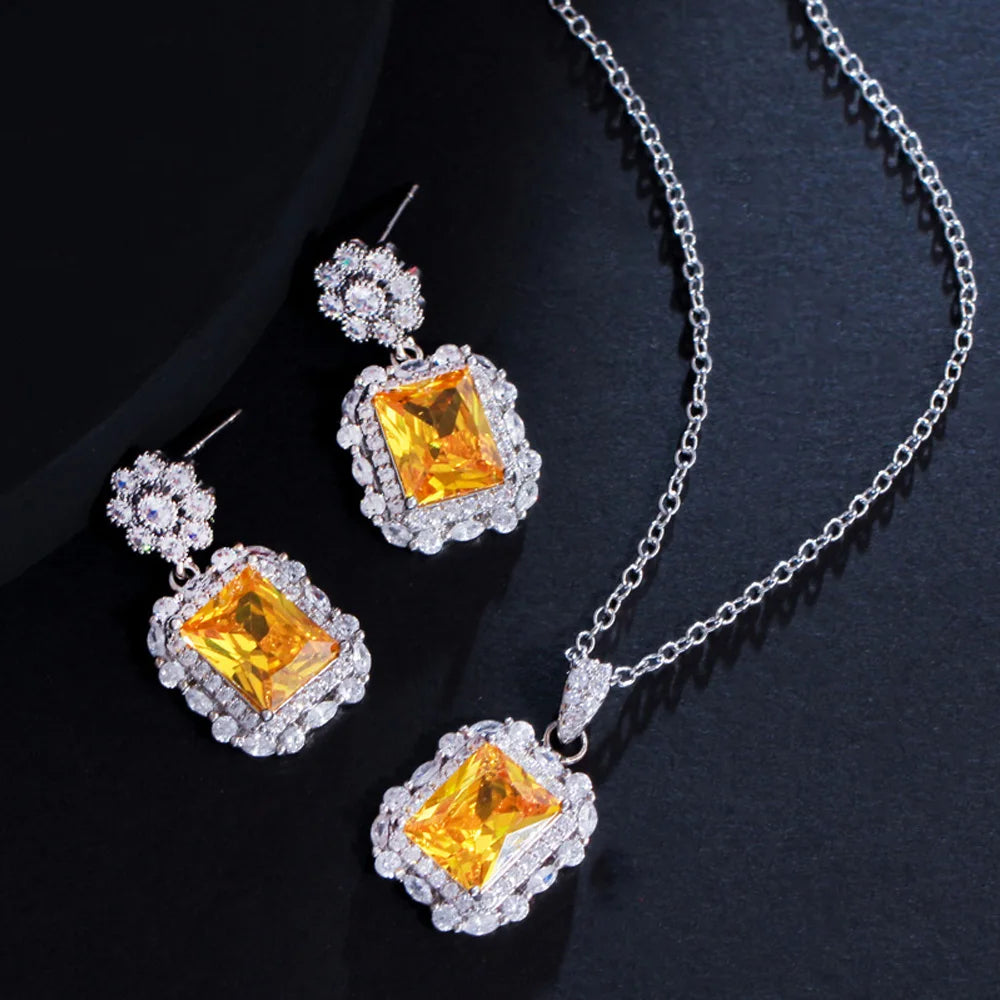 S&S Flower & Square CZ Necklace & Earrings Set – Yellow, Green & Pink – Collection