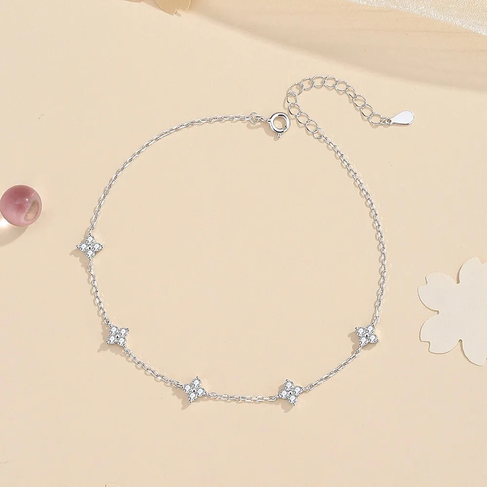 Tarnish Free Fashion 925 Sterling Silver Clovers Flower Anklet for Women Cubic Zirconia Leg Chain Link Lucky Jewelry Gifts