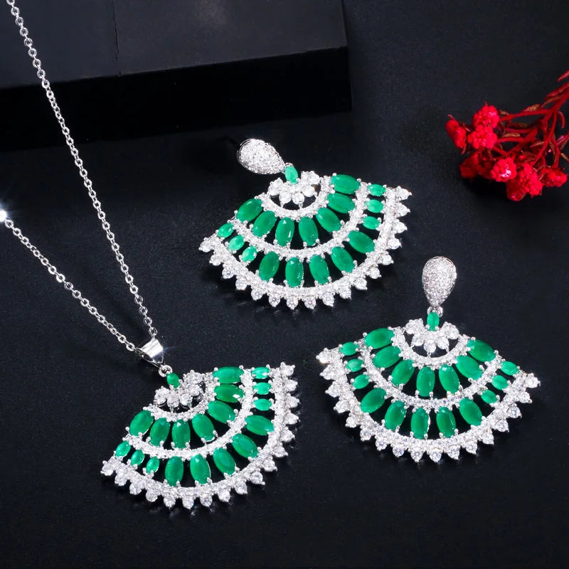 Big Long Dangle Earrings Green Fan Shaped Chain Link Necklace Cubic Zircon Engagement Jewelry Set for Women Costume Accessories