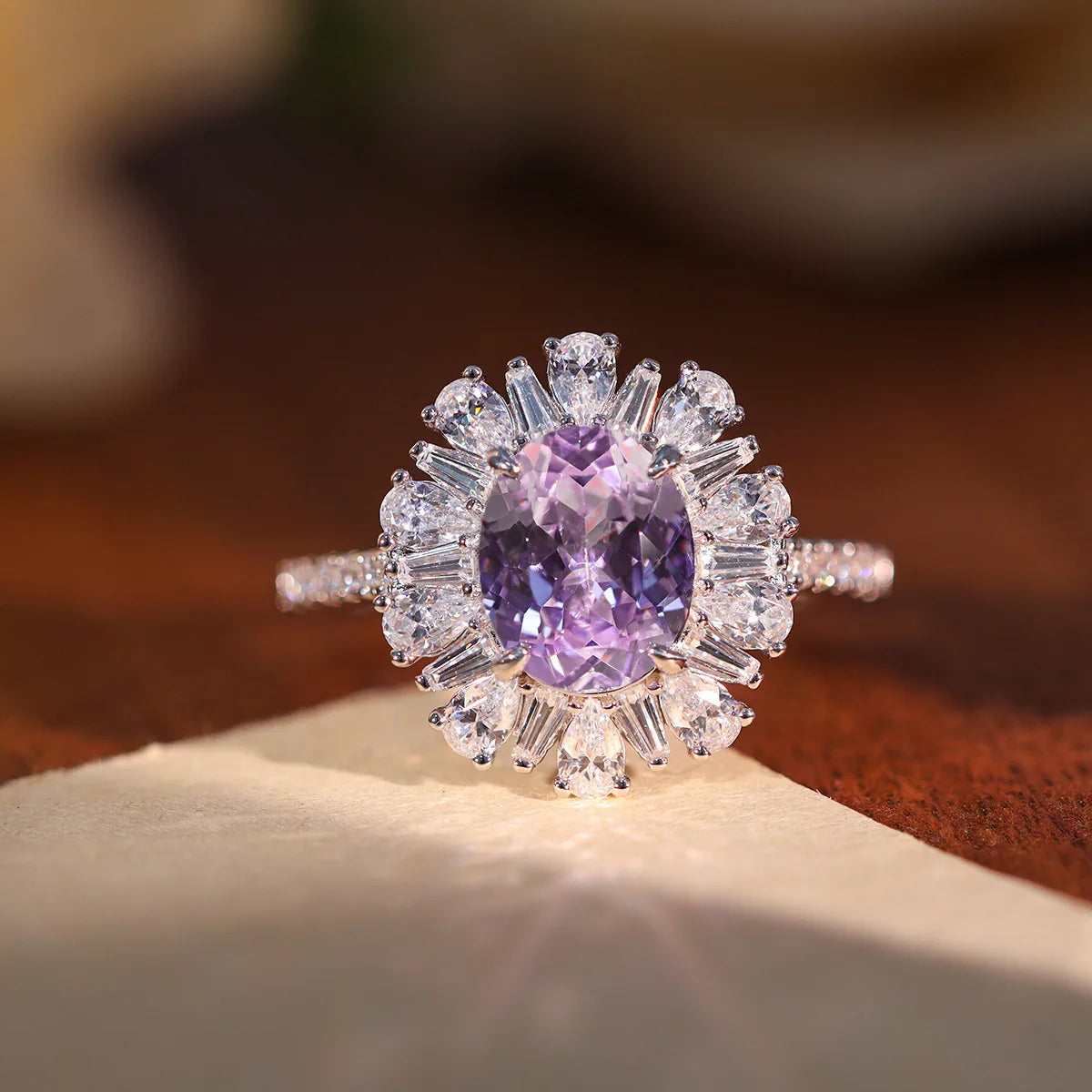 S&S Purple Lab Stone Oval Cut Bridal Jewellery Set | 925 Silver Rhodium Plated Necklace, Ring & Earrings | S&S Collection