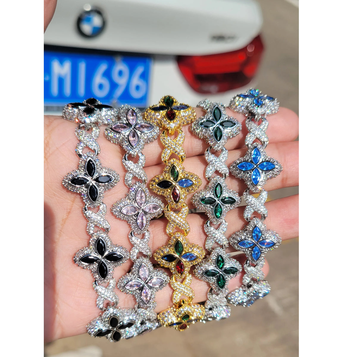Fashion Hip Hop Jewelry 20mm Rose Gold Brass AAAAA CZ Colored Diamond Four Leaf Clover Infinity Link Bracelet
