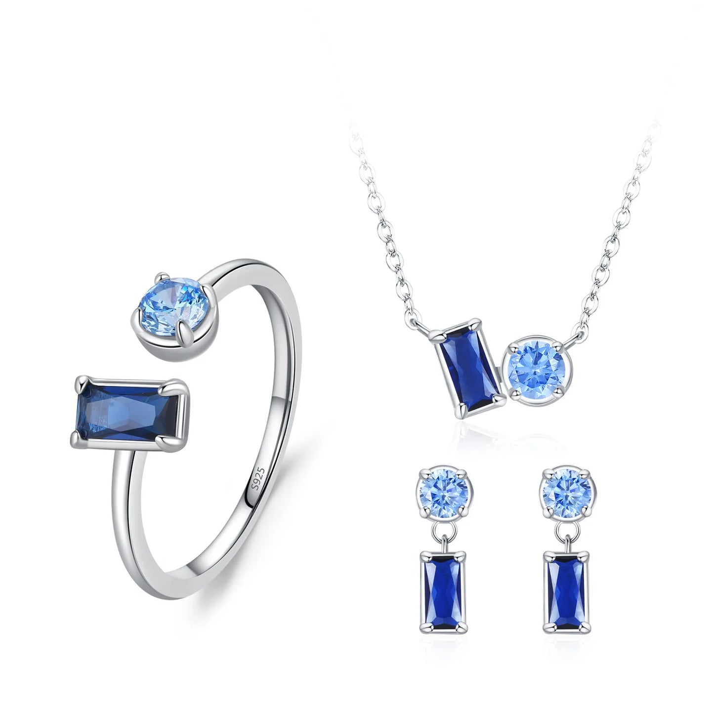 925 Sterling Silver Earrings Necklace Ring Three Piece Set Elegant Temperament Fashion Blue Jewelry Set Gift Set