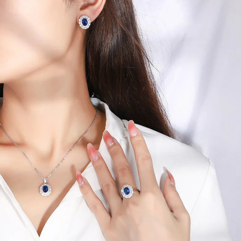 Gemfiori New Hot Selling Jewelry Brass Gold-plated Retro Sea Blue Oval Zircon Minimalist Style Set