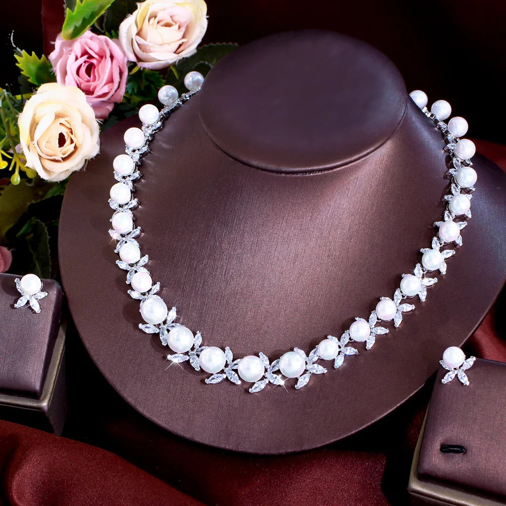 Dazzling Cubic Zirconia Stone Necklace and Earrings Big Imitation Pearl Jewelry Set for Women Wedding Bridal Dress Accessories
