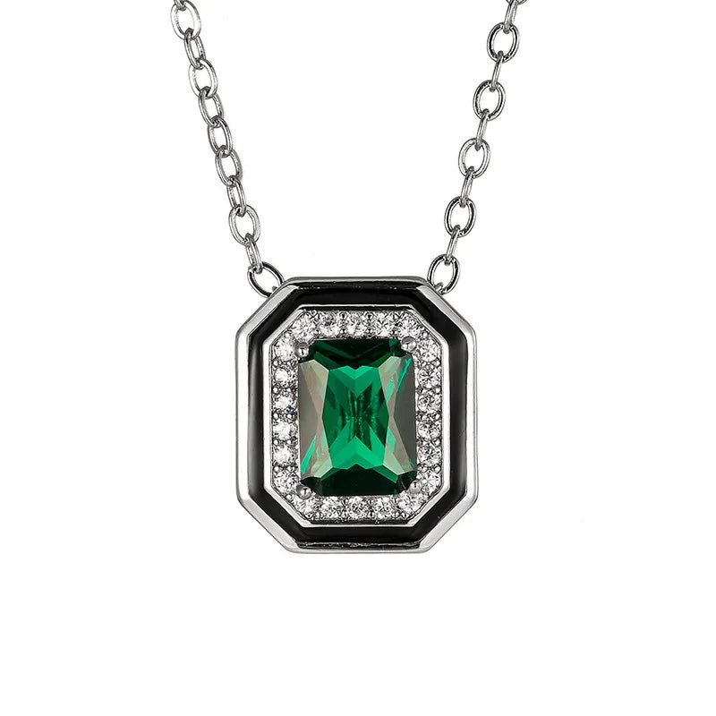 Gemfiori Simple Princess Square Green Zircon Ring Light Luxury Black Enamel Earnail Necklace Set