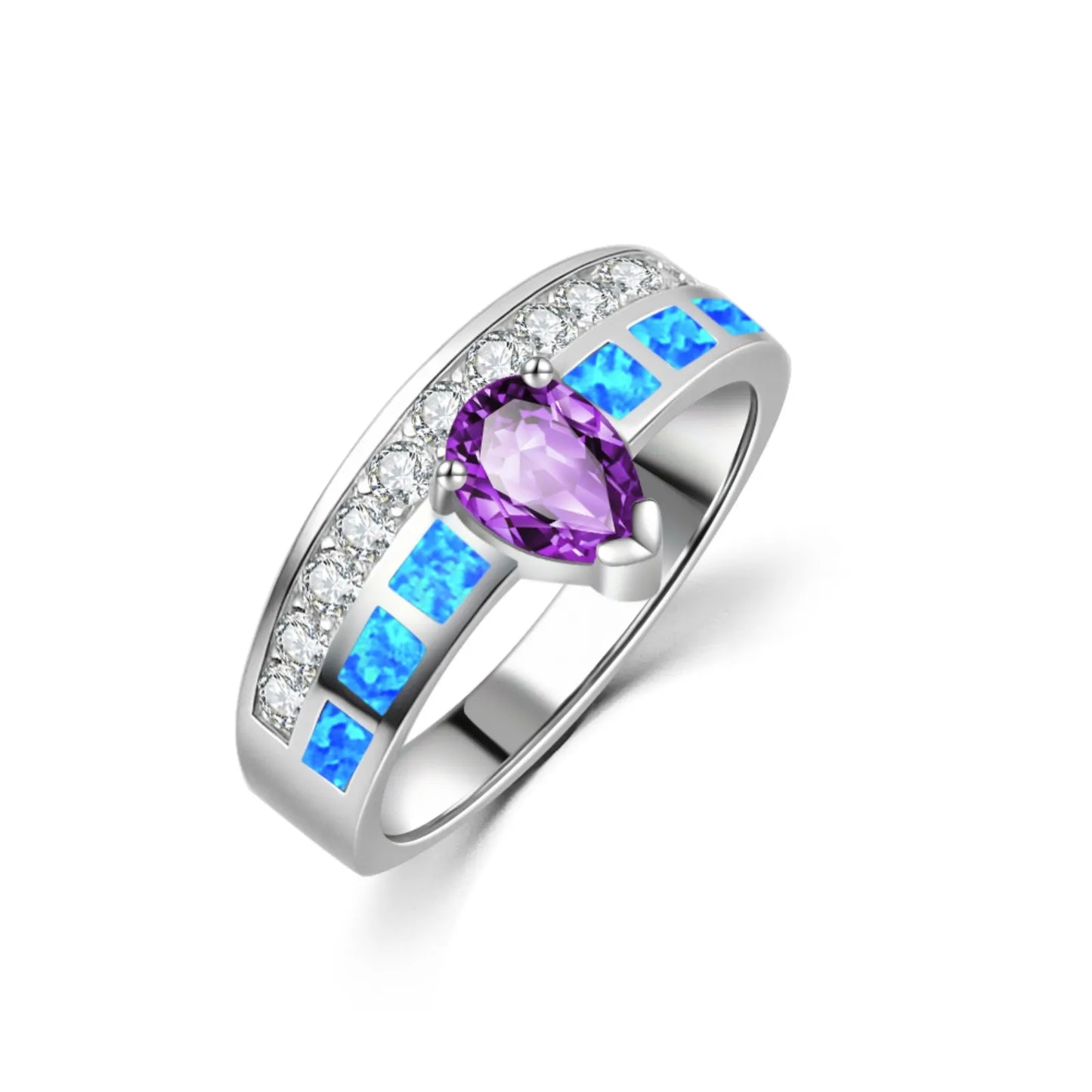 Luxury Teardrop Purple Gem & Blue Opal Ring | Zircon-Accented  Band | Statement Fashion Jewelry for Women Special Occasions