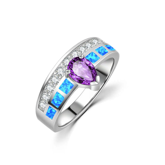 Luxury Teardrop Purple Gem & Blue Opal Ring | Zircon-Accented  Band | Statement Fashion Jewelry for Women Special Occasions