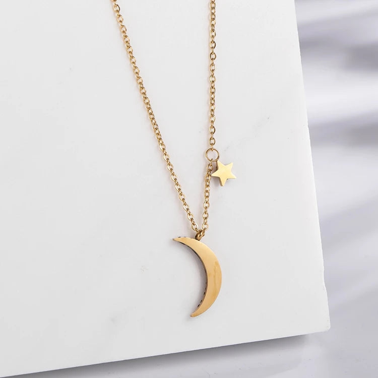 S&S Hot Sale Women 18K Gold Plated Black Crystal Crescent Star Moon Pendant Necklace with Link Chain Stainless Steel Alloy
