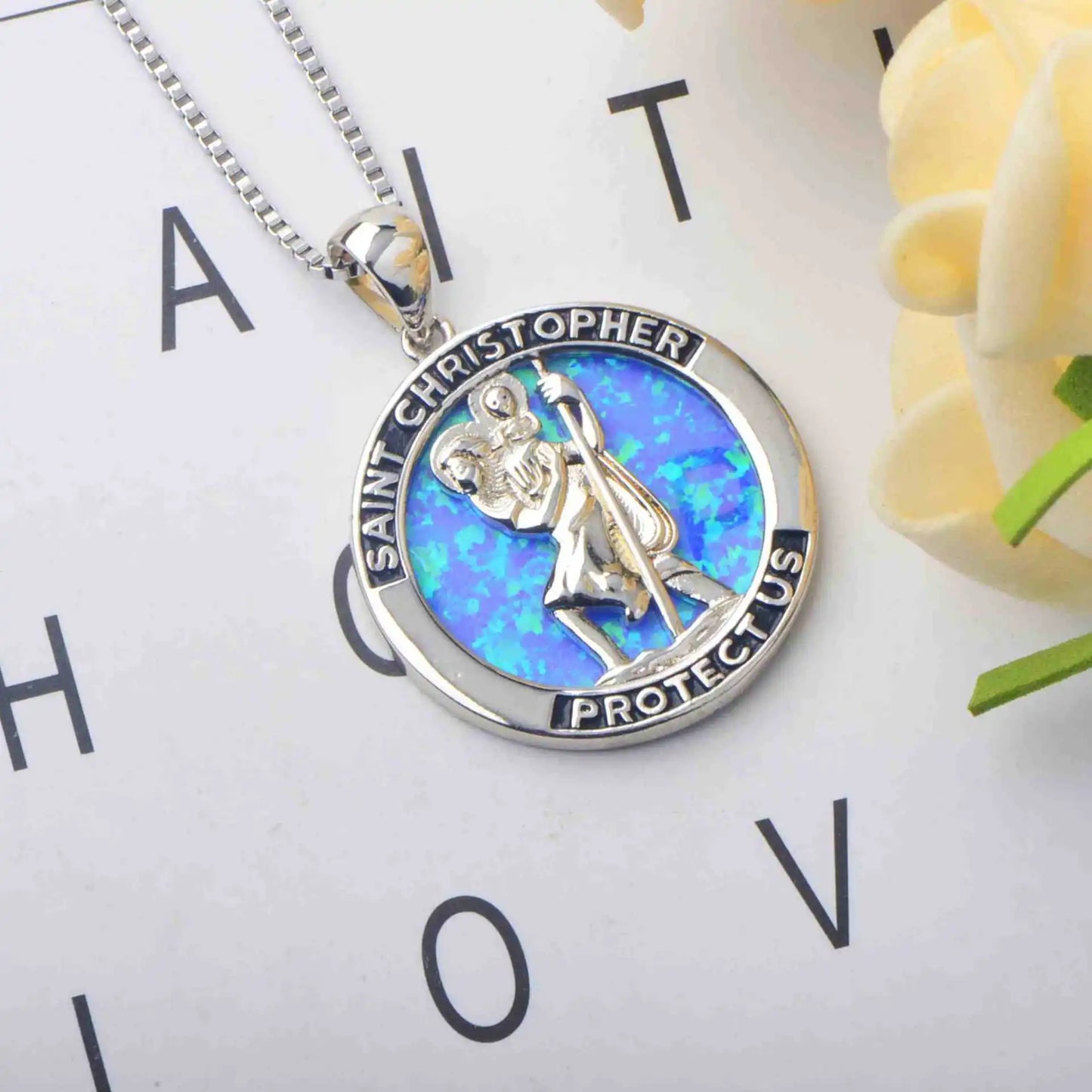 TikTok Ins Viral Copper Opal Virgin Mary Pendant Necklace | Blue Fire Gem Statement Jewelry Link Chain Silver Plated Wholesale
