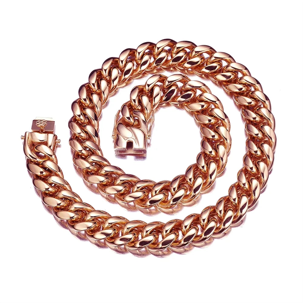 14mm Rose Gold Cuban Necklace for Men Titanium Steel Stainless Encryption Chain European American Hop Style