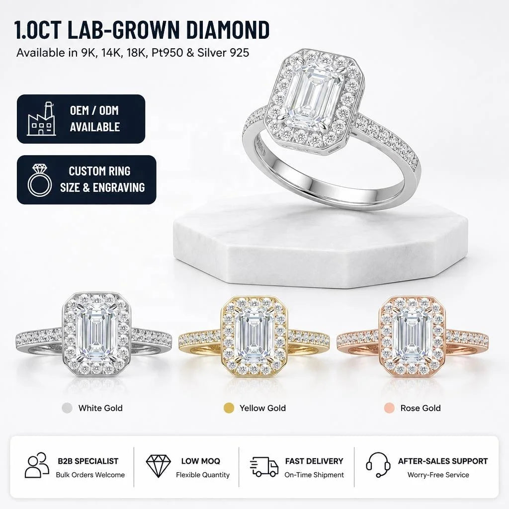 Gioiellieri Luxurious Emerald Cut 1Carat D Color VVS1 Lab Grown Diamond Ring 9K 10K 14K 18K Solid Gold PT950 Paved Band Engagement Ring