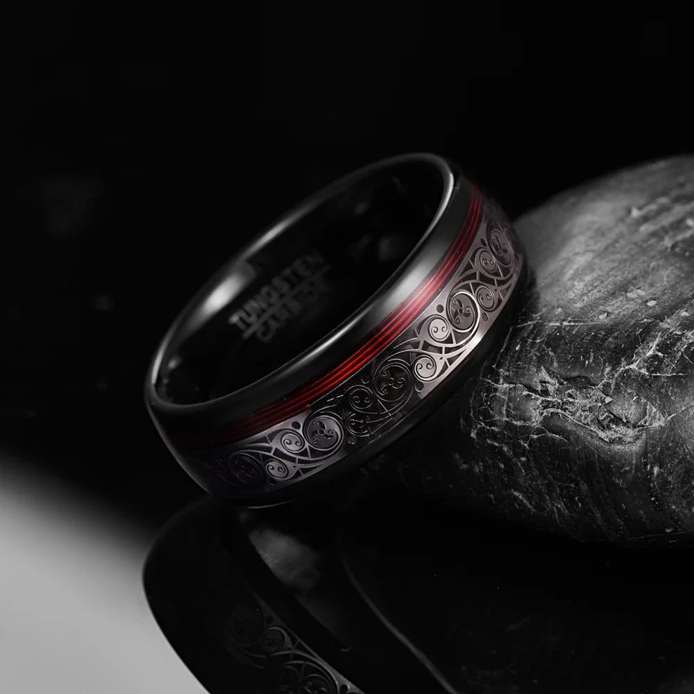 Tempusort Fashion Jewelry 8mm Black Tungsten Carbide Ring with Red Guitar String Spiral Pattern Inlay for Men Anniversary Gifts