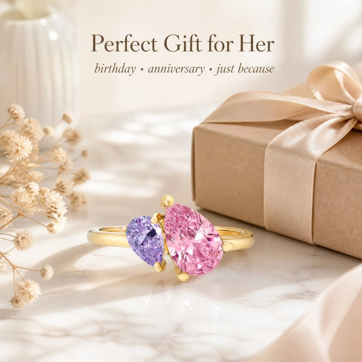 Birthstone Ring for Women Zirconia Toi Et Moi Ring 12 Colors Waterproof Skin-Friendly Gold Plated Steel Custom Anniversary Gift