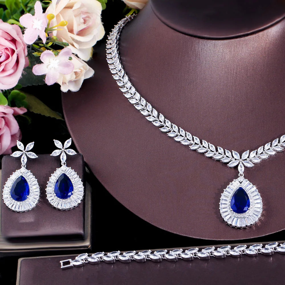 4 Pcs Wedding Jewelry Set Water Drop Royal Blue CZ Zirconia Necklace Earrings Ring Bracelet for Women Bridal Party Accessories