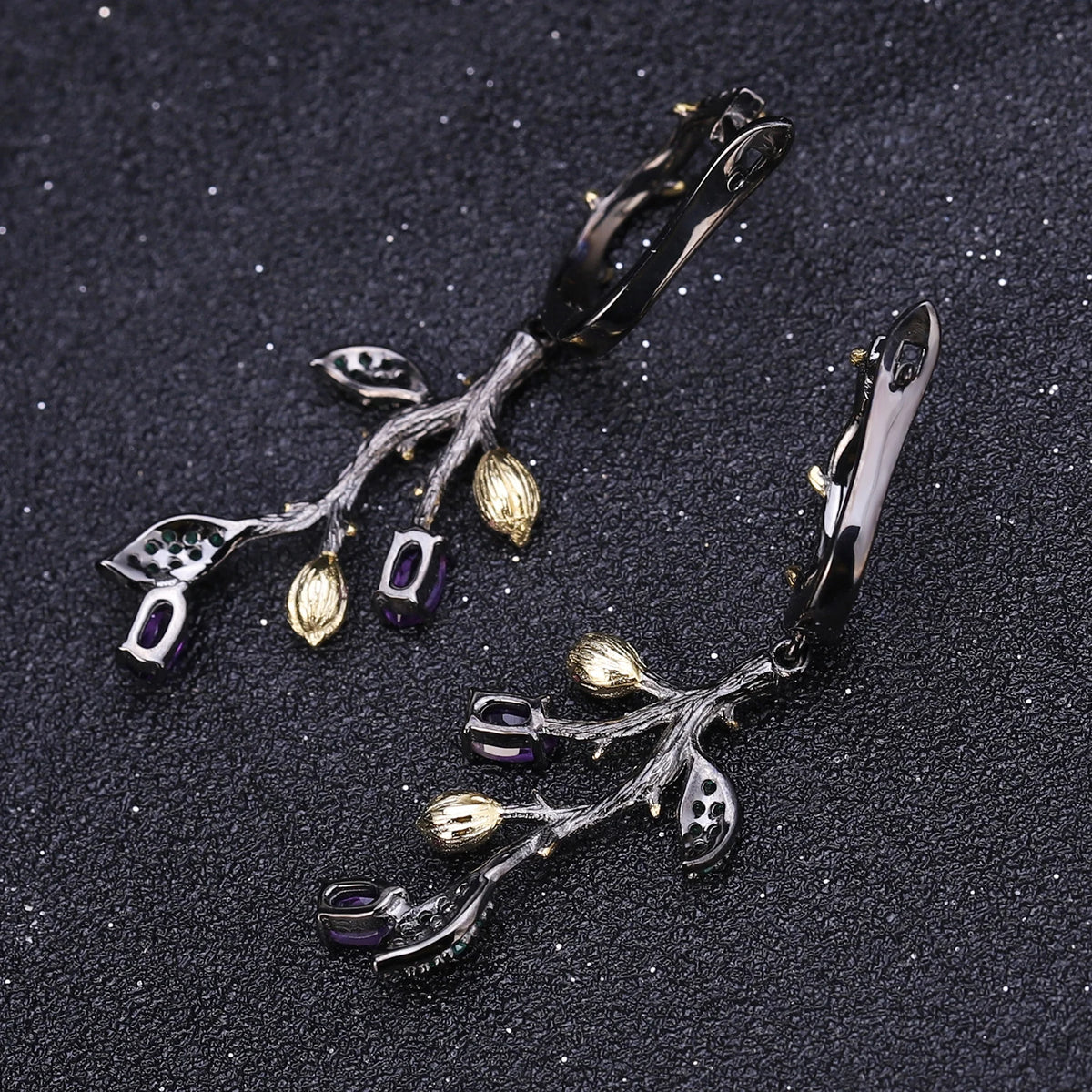 ArtistA Forest Ball Theme Sterling Silver 925 Natural Amethyst Two Finger Ring & Earrings Jewelry Set Floral Branch Design