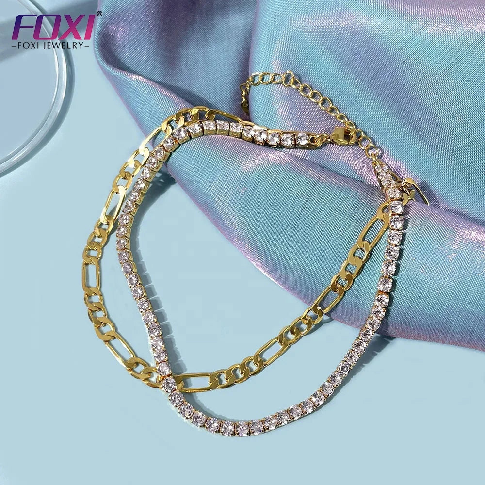 Wholesale Double Layer Foot Non Tarnish Free Waterproof Jewelry 18k Gold Plated Stainless Steel Chain Anklets for Women